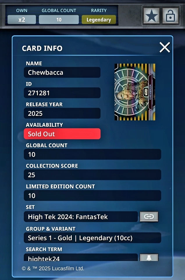 Topps Star Wars Digital Card Legendary 2024 High Tek Gold Limited CHEWBACCA 10cc - Image 3 of 4