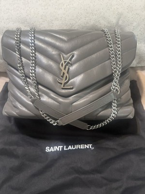 Saint Laurent Loulou Gray Quilted Chevron Medium Shoulder Bag Silver Chain Dust