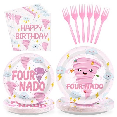96 Pcs Pink Tornado Fournado 4th Birthday Decorations Tableware Serves 24