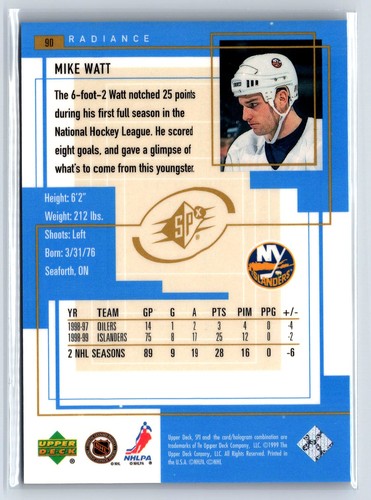 1999-00 SPx Radiance #90 Mike Watt Islanders /100 - Picture 2 of 2