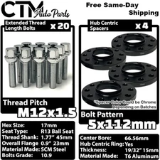 4x 15mm Thick 5x112 66.56mm CB Wheel Spacer 12x1.5 Chrome Bolt Fit Mercedes Rims