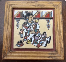 Vtg Earthtones Storyteller & 12 Babies Tile Art Wood Framed 6" x 6" Arizona, USA