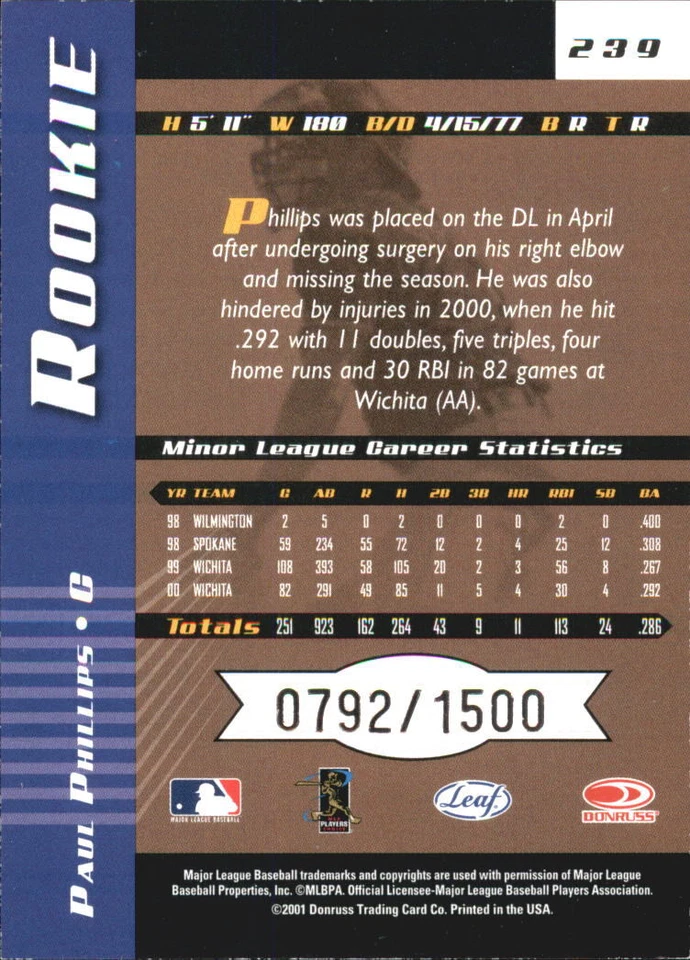 2001 Leaf Limited #239 Paul Phillips RC /1500 - NM-MT - Image 2 of 2
