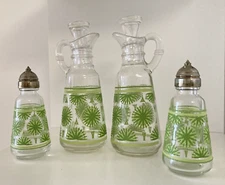 Vintage ANCHOR HOCKING MCM Oil Vinegar Cruets Salt Pepper ATOMIC Green 6 pc 