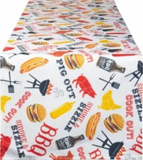 1 Fabric Outdoor Table Runner (14"x72") BBQ ITEMS, COOK OUT, SMOOTH & SIZZLE,DII