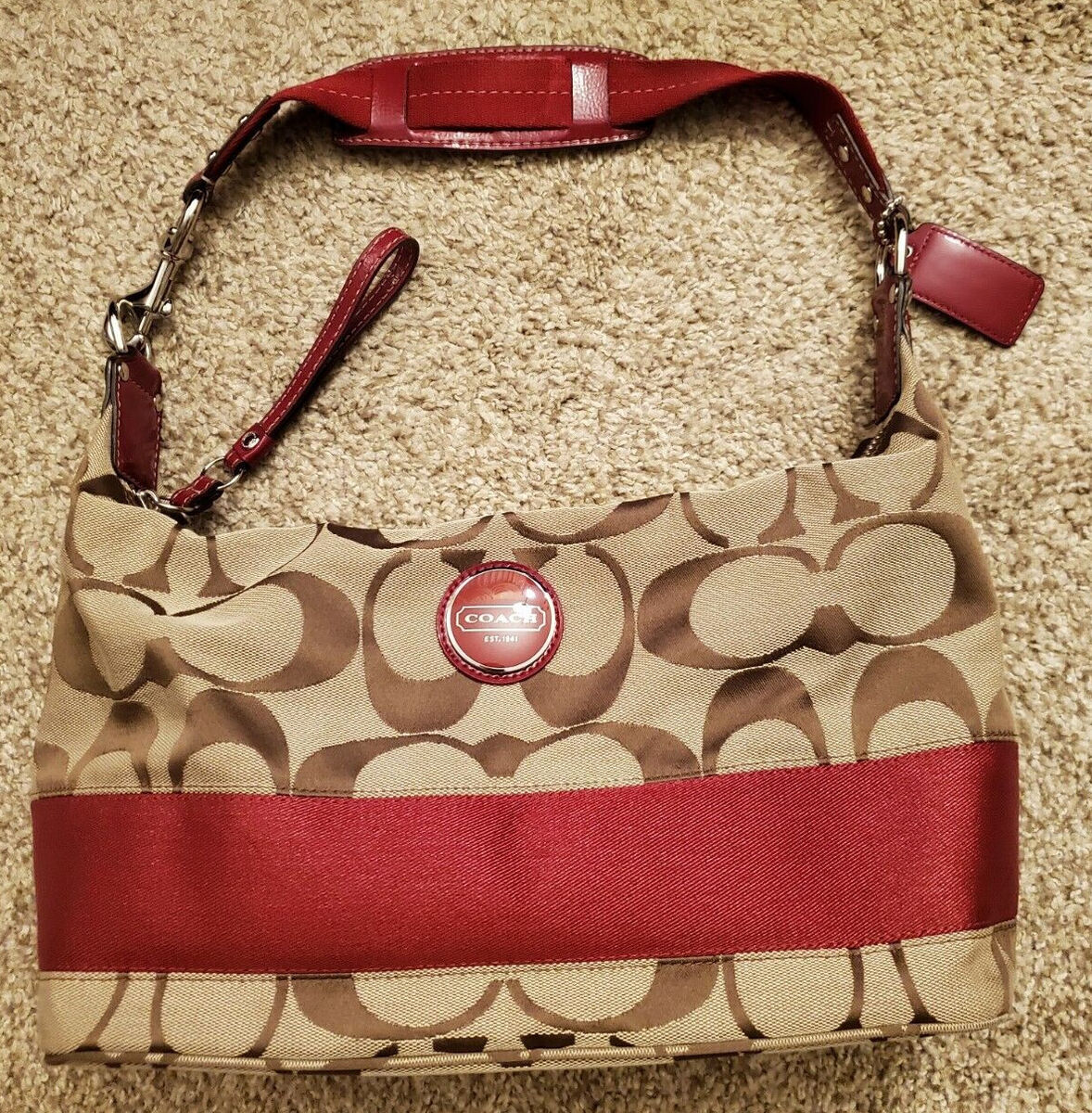 COACH F17434 LOGO Canvas Hobo bag purse brown dark red COACH F17434 LOGO Canvas Hobo bag purse brown dark red