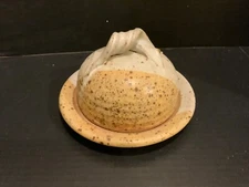 Artist signed Vintage speckled  pottery covered cheese keeper 