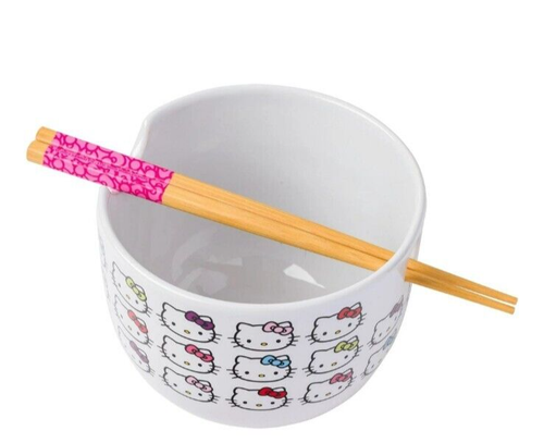 NEW HELLO KITTY CERAMIC BOWL WITH CHOPSTICKS 20 OZ - Picture 3 of 10