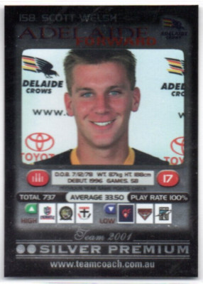 2001 AFL TEAMCOACH SILVER PREMIUM CARD - 158 Scott WELSH (ADELAIDE)