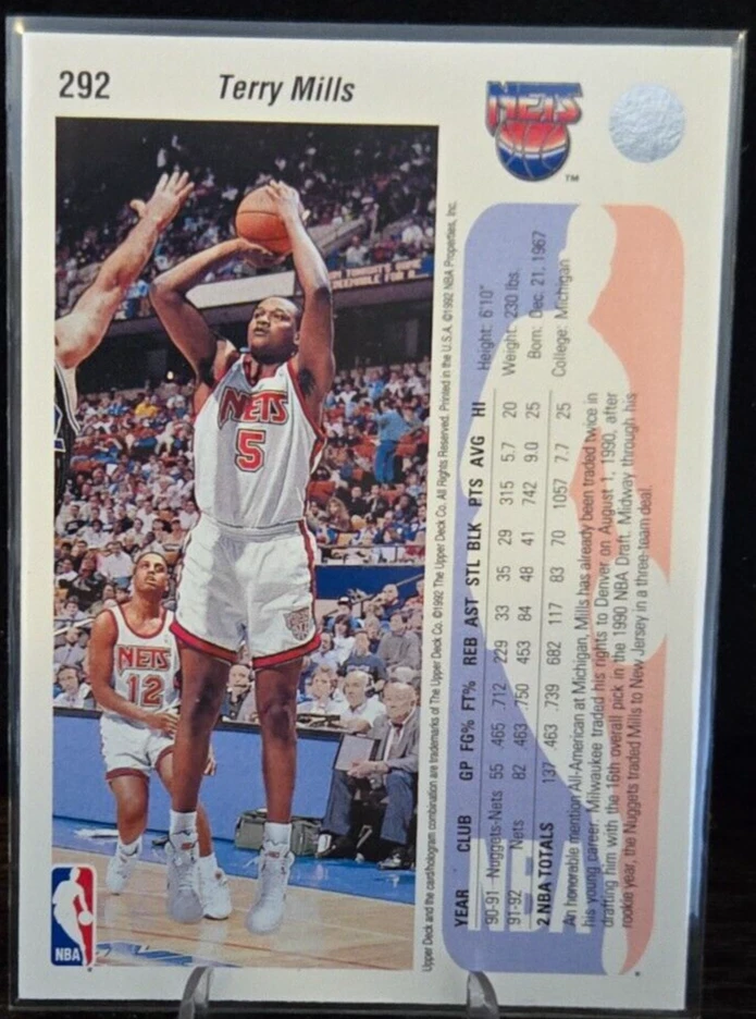 Upper Deck - 1992 - Terry Mills - #292 New Jersey Nets - Card - Image 2 of 2