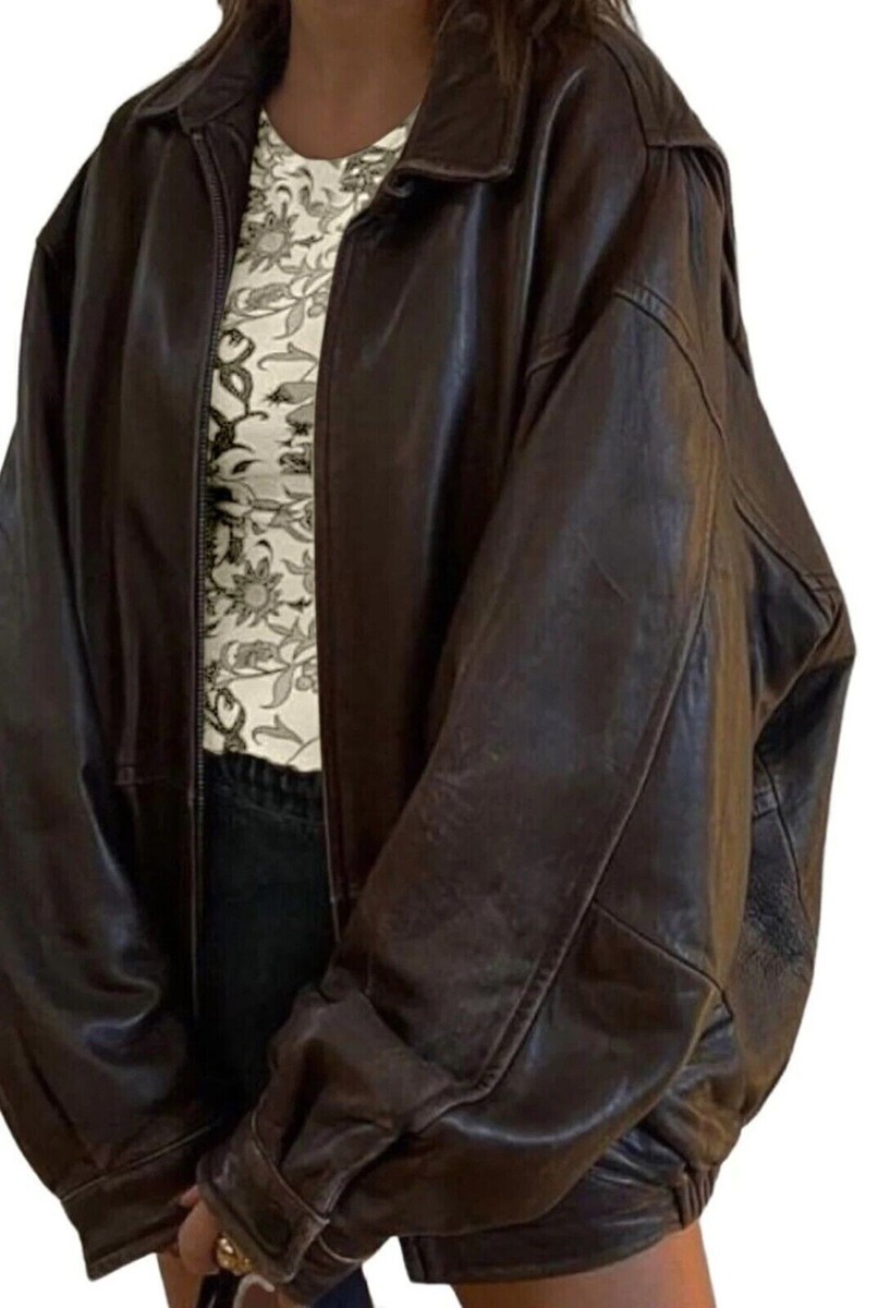 ジャケット・アウター vintage blmain real leather bomber jacke Women's Handmade Oversized Real Leather Vintage Brown Bomber