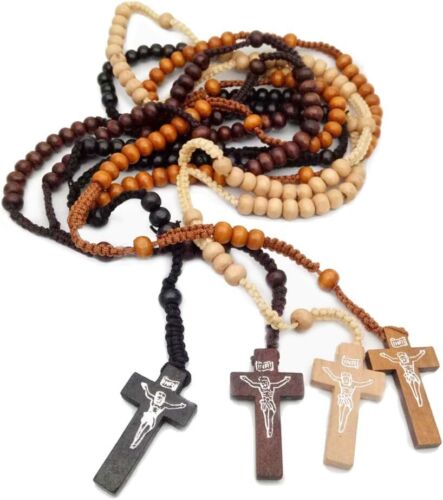 Wooden Bead Rosary Necklace Cross Crucifix Catholic Prayer Jesus for Men Women|F