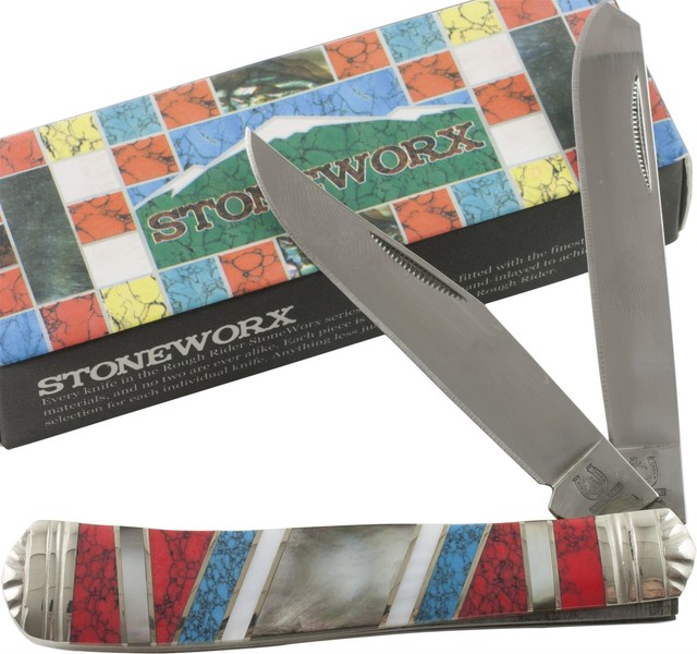 Rough Rider Turquoise Mother of Pearl Stoneworx Trapper 2 Blade Knife ...