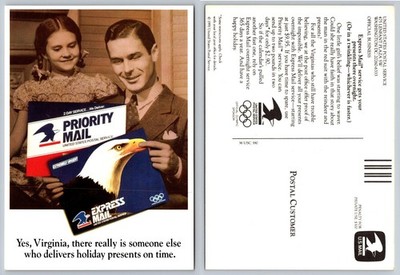 1991 USPS Priority Express Mail Holiday Postcard Yes Virginia Christmas Ad