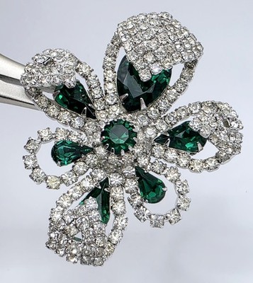 Vintage Kramer Silver Tone Floral Brooch Pin Layered Orchid Emerald Green Rare