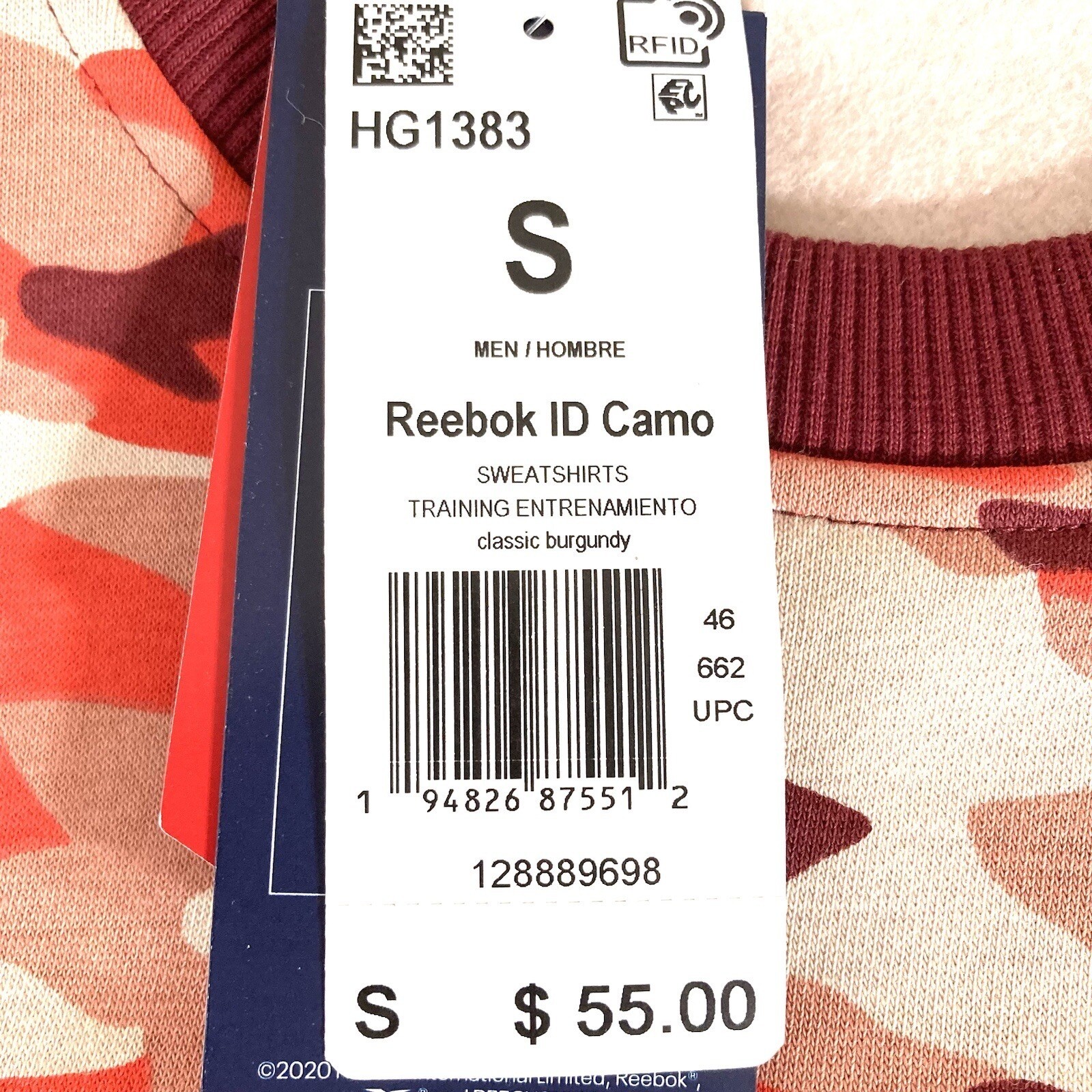 NWT Reebok Men ID Camo Training Sweatshirt Size Small Pullover Classic Burgundy thumbnail 10