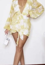 PRETTYLITTLETHING Size 4 Chartreuse Tie Dye Chiffon Long Sleeve Dress NWT