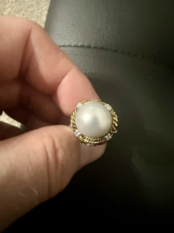 Anel vintage personalizado 14 K pérola 12,27 mm com 8 diamantes 0,25 quilates. Tamanho 7 - Imagem 4 de 4