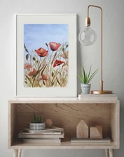 Poppies Original Watercolor Painting Botanical Wall Decor Red Flower Art Ukraine