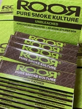 FIVE PACKS of ROOR Unbleached King Size Rolling Papers - 50 Leaves per pack