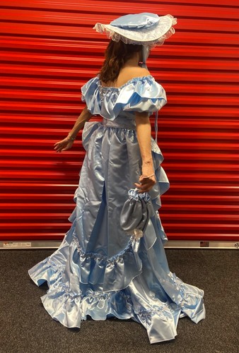RUBIES Blue Carolina Ruffle Belle Ball Gown Hat Bag Costume Women M High Quality - Picture 21 of 24