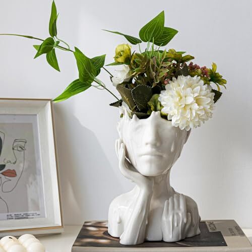 White Ceramic Face Vase for Flowers, Female Form Half Body Bust Face