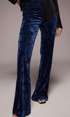 BNWT Blue Crushed Velvet ZARA Flare Leg High Waist Trousers XS 28" waist 34" leg - Picture 4 of 5