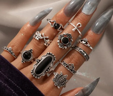 SET LOT OF 11 SILVER ALLOY  BLACK STONE RINGS SIZES 4.5-9 OPEN SPOON STACK D