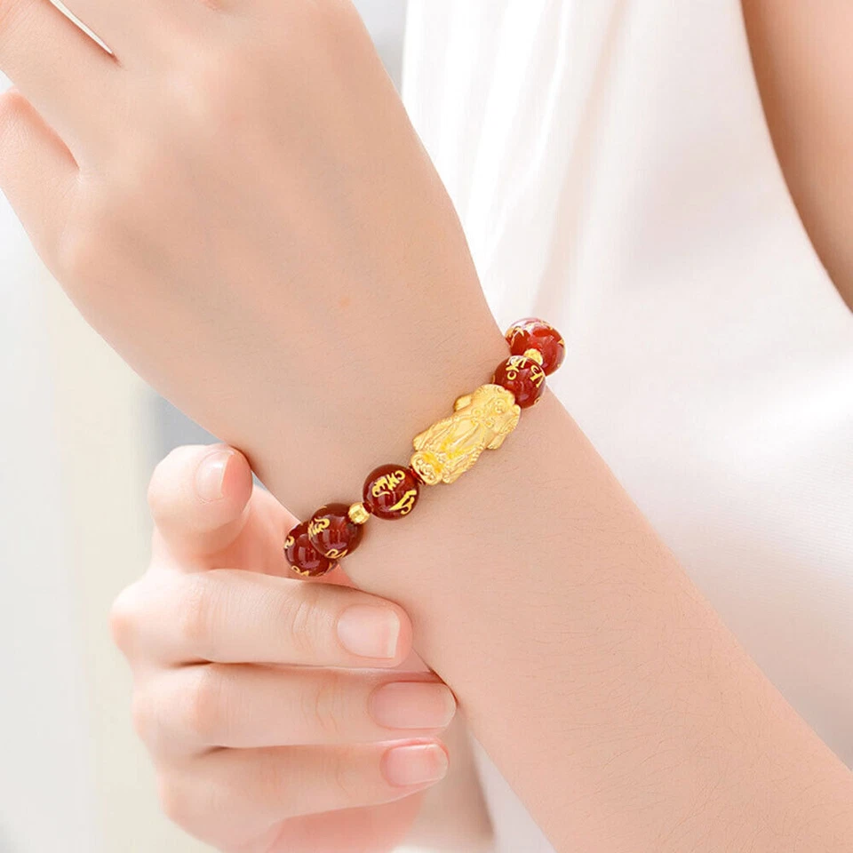 Brazalete real de oro amarillo de 24K para mujer 3D Pixiu con eslabón de ágata roja de 10 mm 7,5 pulgadas L Foto 4 de 4