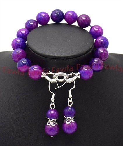 10/12/14mm Natural Purple Sugilite Round Gemstone Beaded Bracelet Earrings Set - Picture 7 of 9
