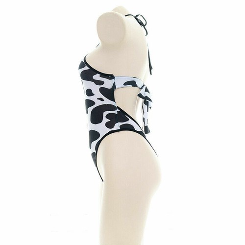 Women Sexy Lingerie Cow Print Halter Neck Bodysuit Anime Cosplay Costume Bra Set - Picture 8 of 21