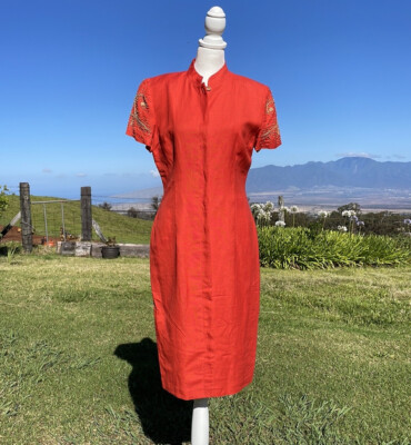 chinese dress ladies 100% Linen Pinstripe Paneled Short-Sleeved Dress MORGAN  LINTICO