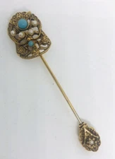 Goldette Ornate Stick Pin Brooch Unsigned Faux Turquoise Pearls Vintage Jewelry