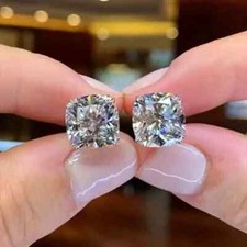 3Ct Cushion Cut Lab Created Diamond Women Stud Earrings 14K White Gold Plated