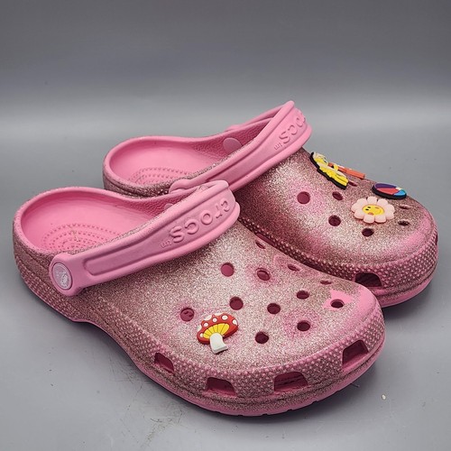 Crocs Clogs Size J4 Pink Glitter Sparkle Rubber Comfort Outdoor Slip On Shoes - Picture 2 of 12