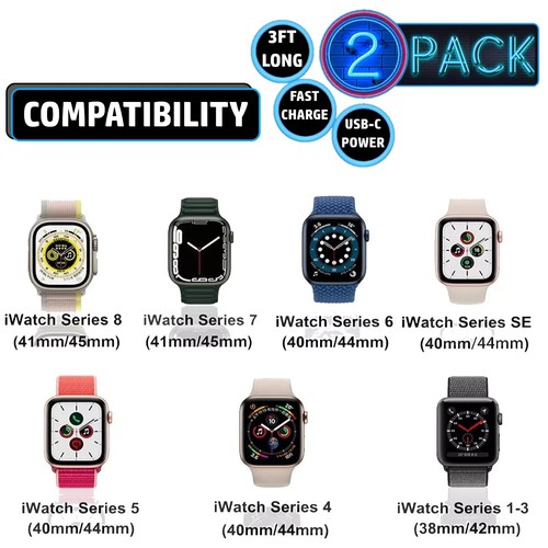 2 PACK USB-C Magnetic Charger Cable Dock For Apple Watch iWatch 2/3/4/5/6/SE/7/8 - Picture 11 of 19