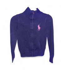 Polo Ralph Lauren Boys Blue Full Zip Mock Neck Knit Logo Sweater L 12-14