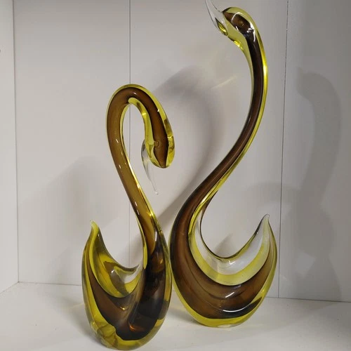 Vintage Sommerso Pair Large Heavy Murano Hand Blown Yellow Amber Glass Swan