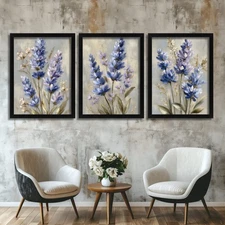 Oil Style Floral Prints Set Of 3 Lavender Flower Poster Lilac Artwork For Lounge