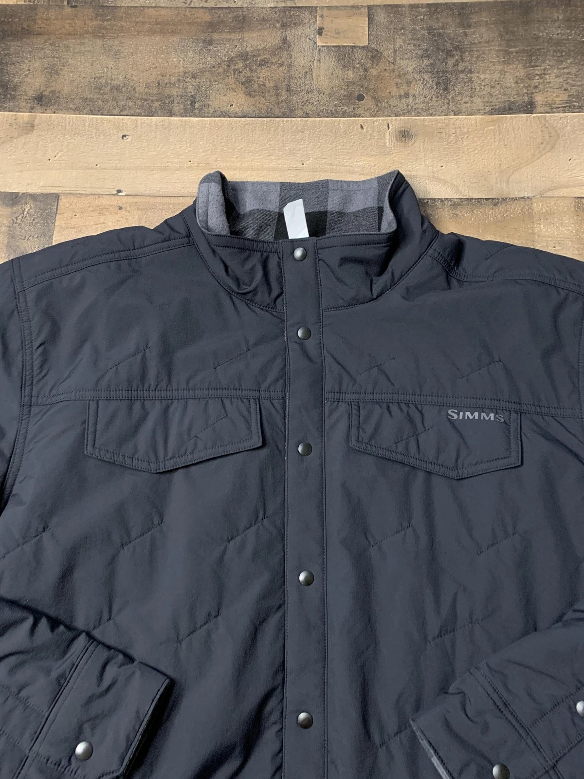 Simms Jacket Men 3XL Black Quilted Insulated Snap Front Flannel Lined Reversible