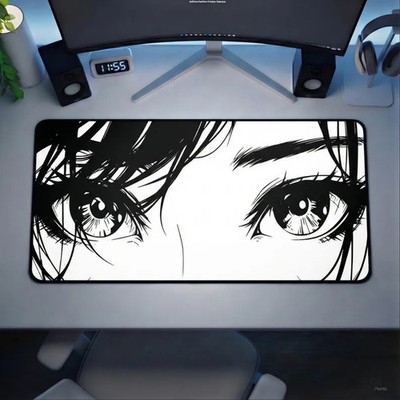 Anime Eyes Desk Mat, Messy Hair Manga Art, Black And White Sketch Mousepad