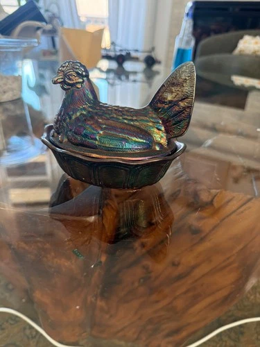 Rare Vintage Fenton carnival glass hen on nest with blue purple and gold