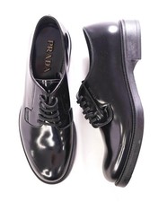 $1,150 PRADA - Black Brushed Polished Leather Derby Lace-Ups - 9 US (8 Prada)