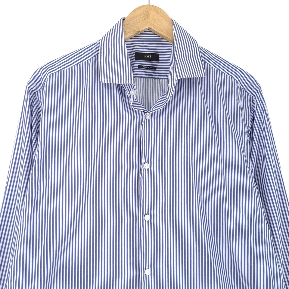 HUGO BOSS Camicia Da Uomo Formale Classica Blu A Righe Qe2 Taglia 16.5 42 - Immagine 2 di 4