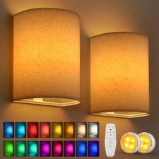 2 Pack Battery Operated Wall Sconce, Wireless, LED, Remote, Timer, Linen Shade