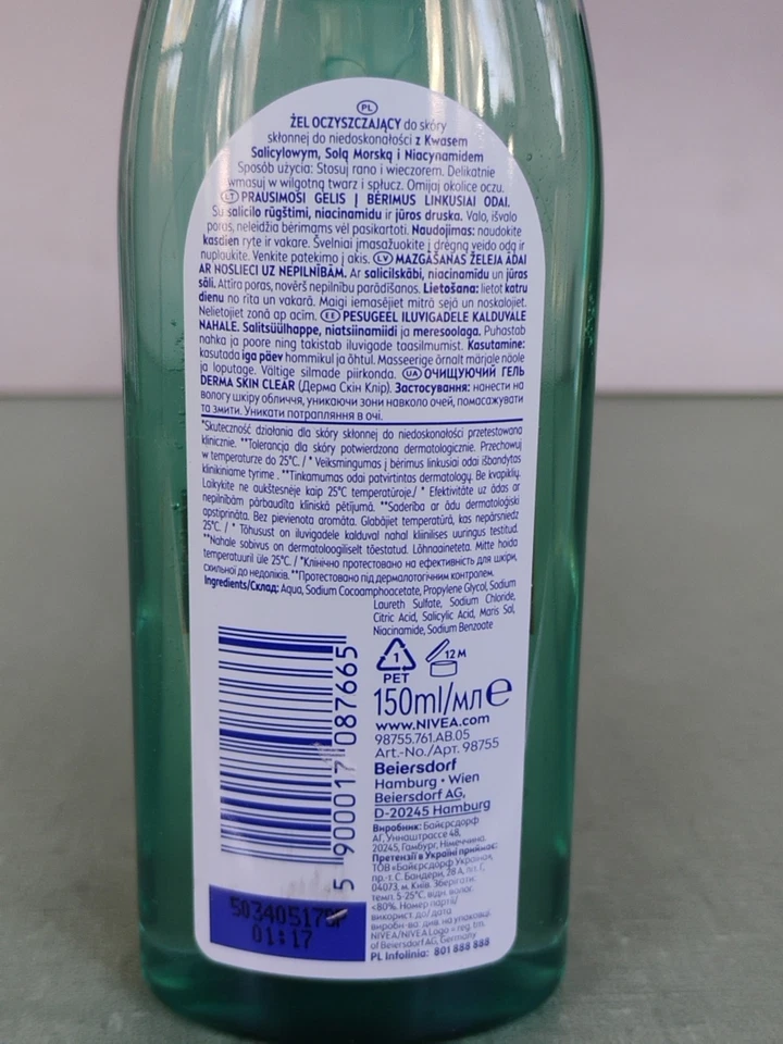 Nivea Derma Skin Clear Face Wash Gel 150ml 5oz Exp 01/2028 - Image 2 of 2