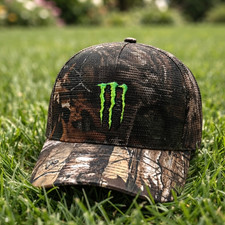 Monster Energy Camo Trucker Hat – Adjustable Mesh Snapback with Embroidered Logo