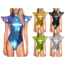Women's Metallic Mock Neck Bodysuit Fly Sleeve Zipper Back Club Dance Leotard