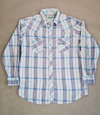 THE OUTDOOR EXCHANGE VINTAGE SHIRT XL TALL BLUE GRAY PLAID FLANNEL PEARL SNAPS