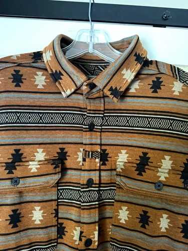 Born Primitive Men’s Brown Aztec Print Long Sleeve Button-Down Shirt Jacket, L - product listing photo